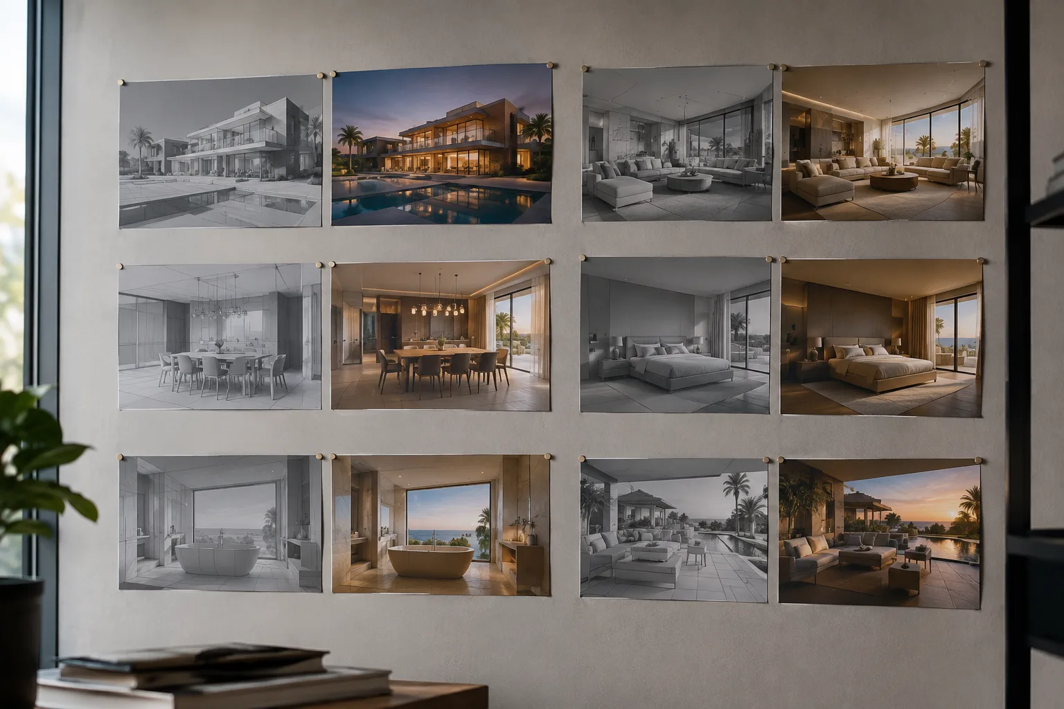 Villa living room shown as a grey untextured model beside the finished photorealistic render with evening light
