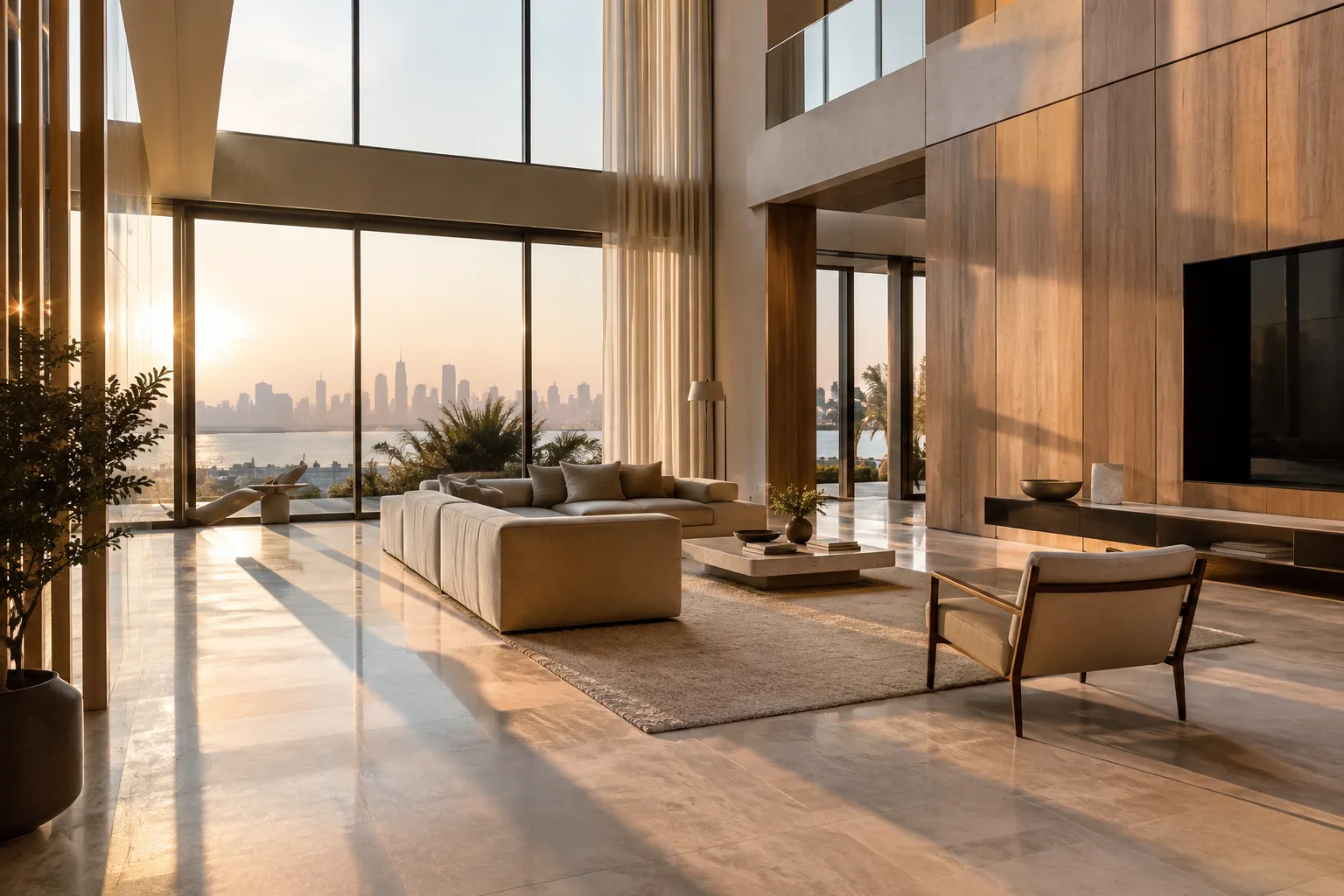 Double-height villa living room with stone floor, timber joinery and tall windows in late afternoon light