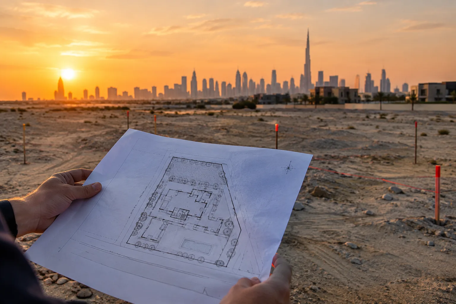 Photorealistic villa render on a studio monitor beside printed floor plans and a stone sample